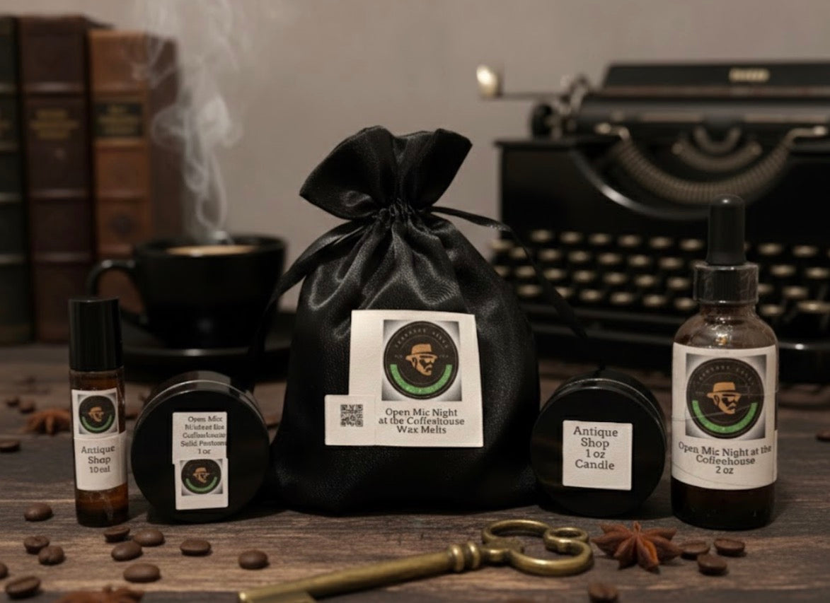 Botanical Essential Oils Collection with wax melts and candle on a wooden surface, vintage books, and typewriter in the background.