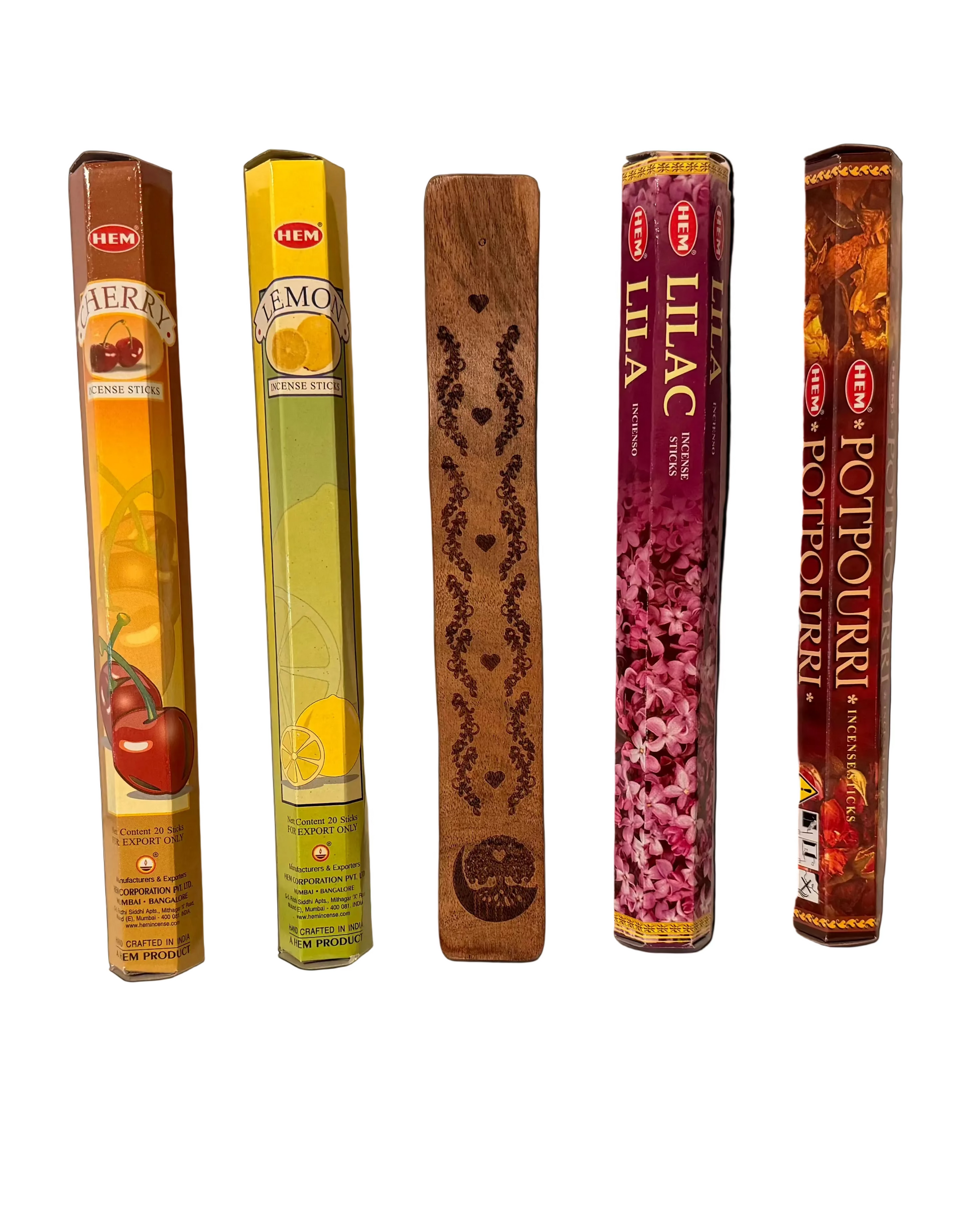 Five HEM incense stick boxes with different scents on a white background
