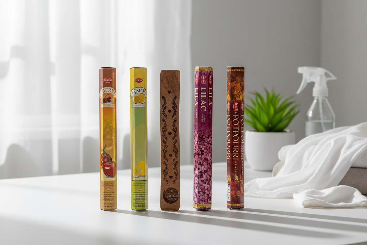 Five incense sticks of different colors and designs on a white surface with a neutral background. Potpourri, cherry, lemon, and lilac. 