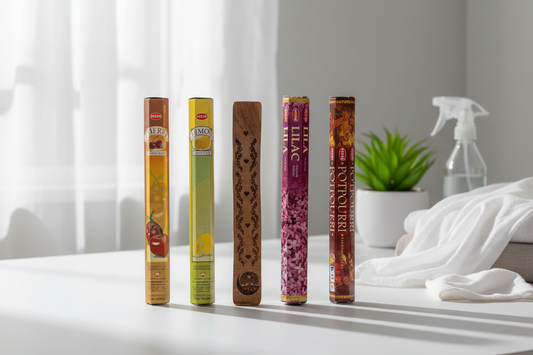 Five incense sticks of different colors and designs on a white surface with a neutral background. Potpourri, cherry, lemon, and lilac. 