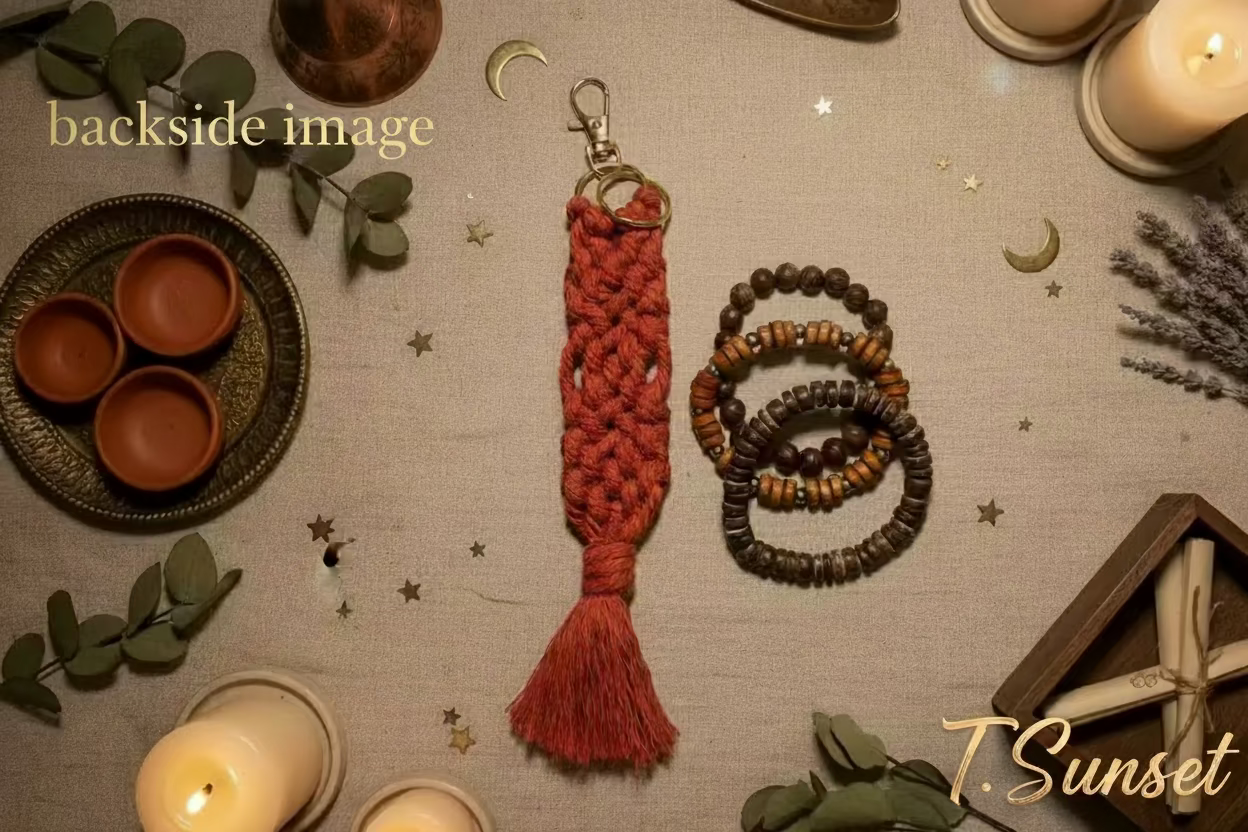Terracotta macrame keychain and wooden beaded bracelets on a textured surface with candles and decorative items.
