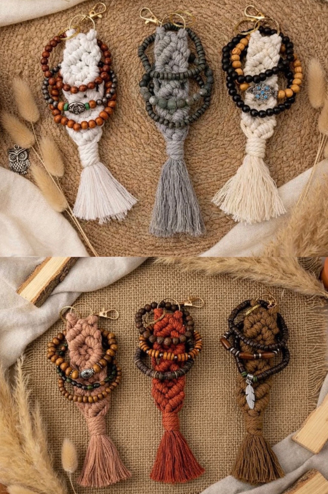 Six macrame keychains with tassels and stacked bracelets on a textured surface
