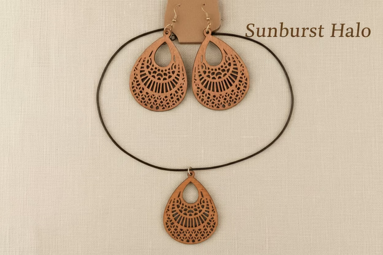 Boho Goddess Wooden Earring and Necklace Set - Lightweight Laser Cut Jewelry