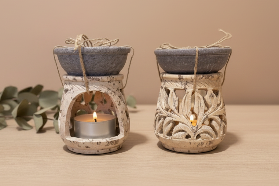 Two soapstone burners with candles on a wooden surface.