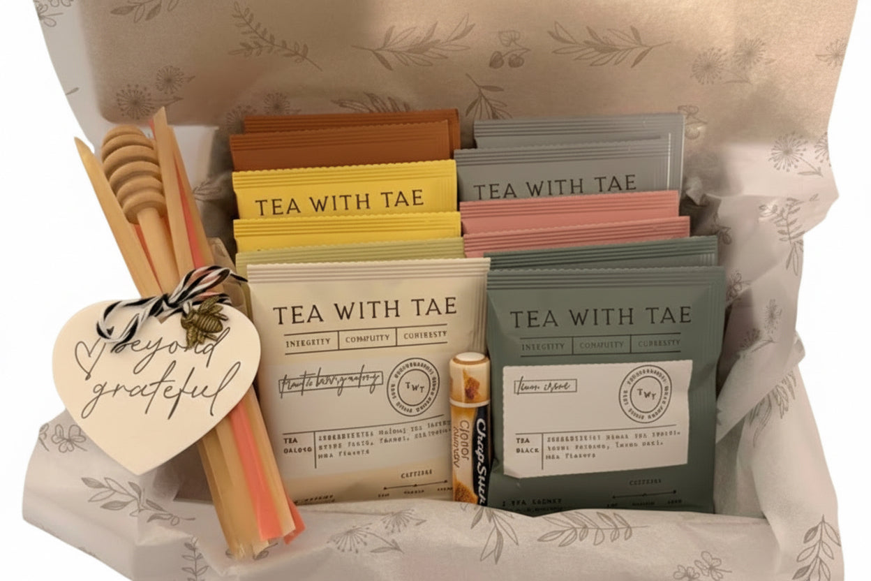Tea and honey gift set with 'Tea with Tae' branding on a patterned background
