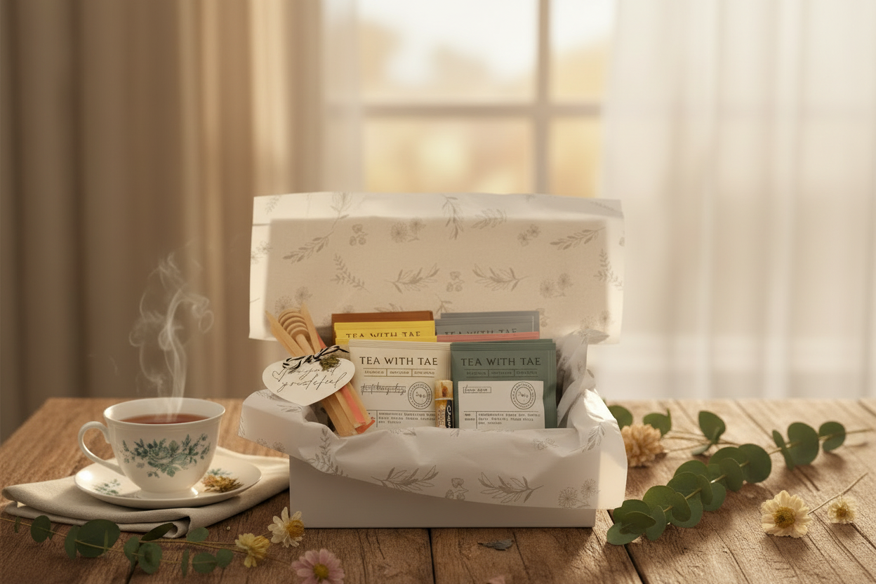 Tea and coffee gift set with a steaming cup of tea on a wooden table.