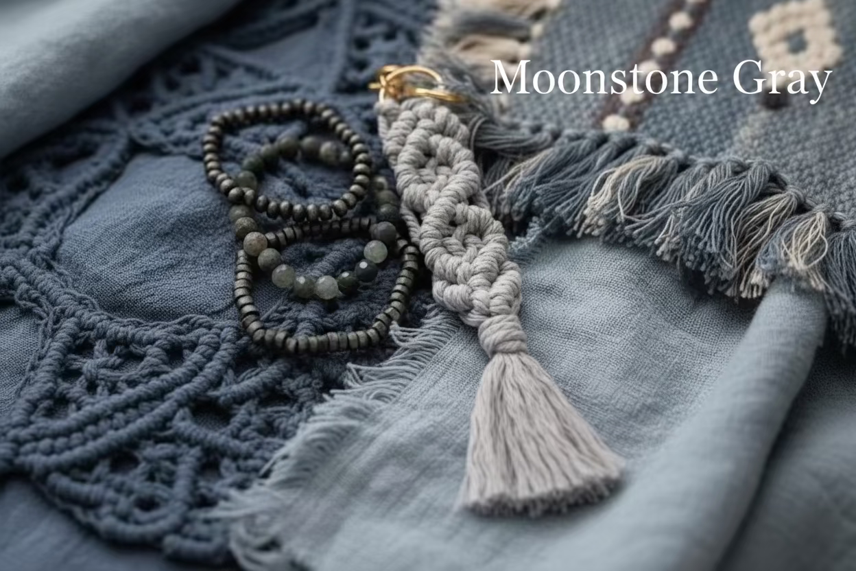 Textile with braided macramé keychain and beaded bracelets on a textured fabric background