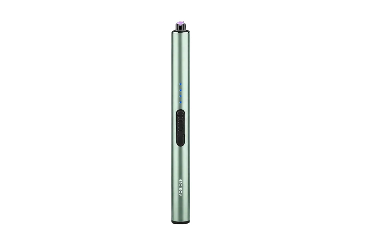 Green electronic lighter with a black accent on a white background