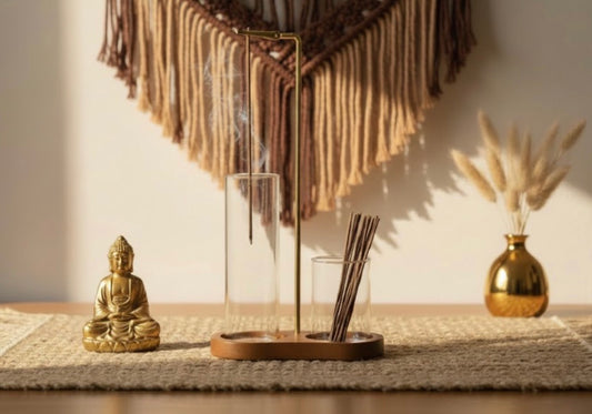 Decorative setup with a Buddha statue, glass incense holder, and vase on a table.