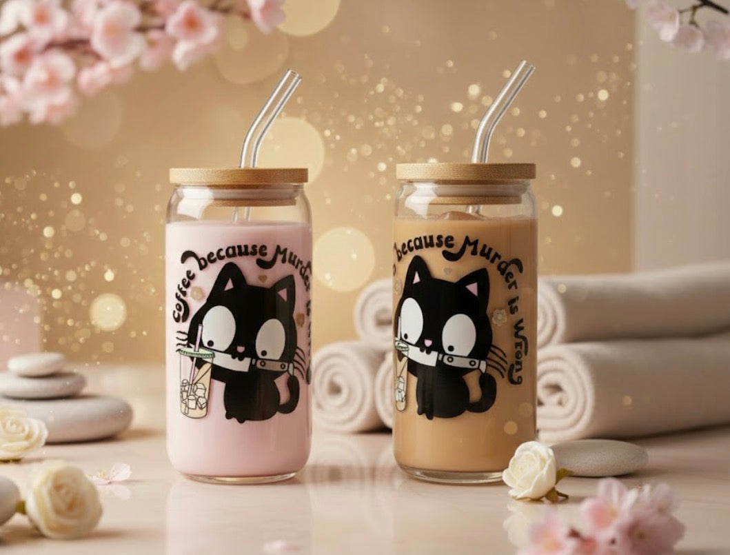 Two Can Glass with cat illustrations True Crime Theme and text on a decorative background