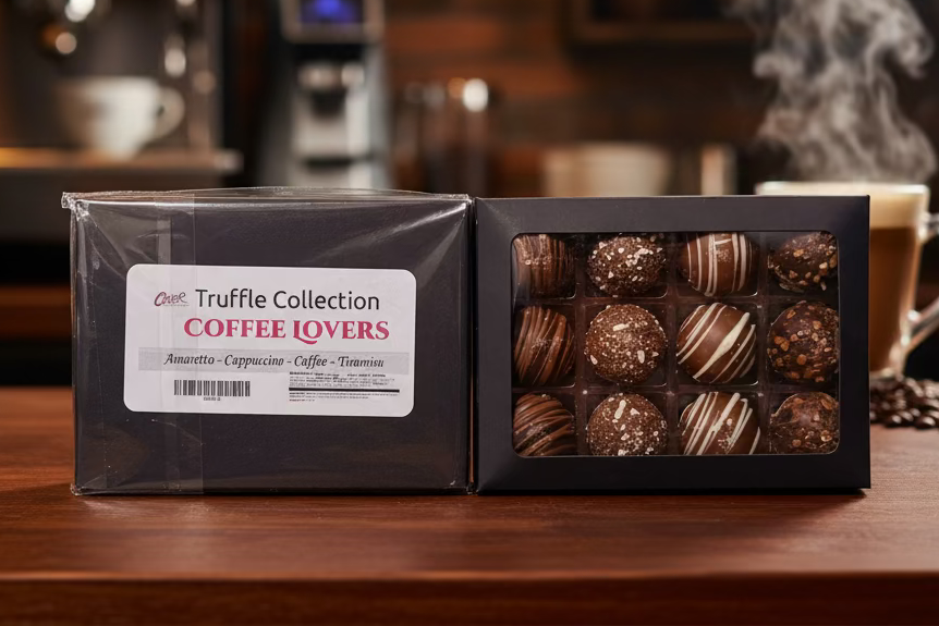 Truffle Collection for Coffee Lovers on a wooden surface with a blurred coffee shop background.