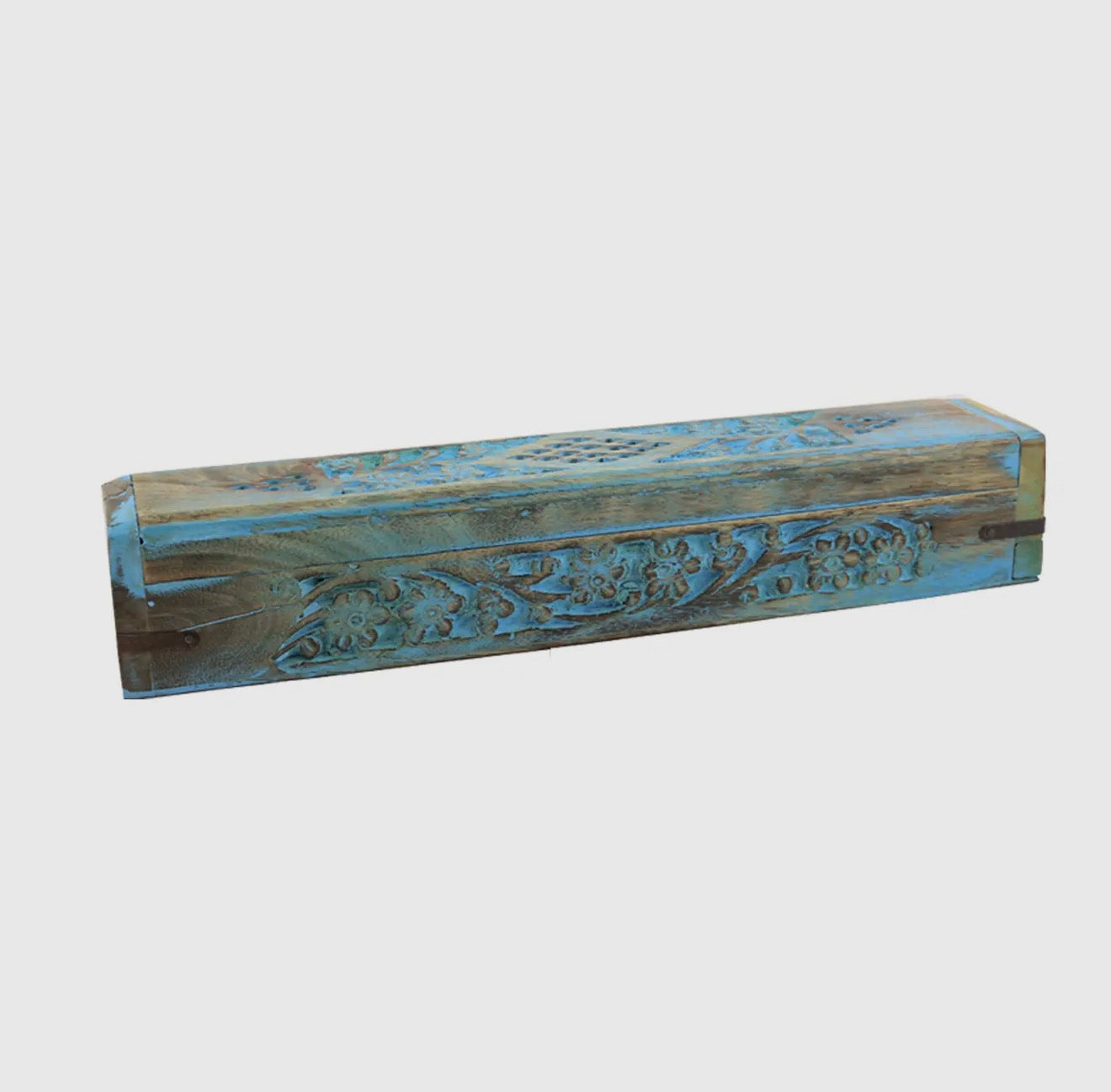 Antique Blue Floral Hand-Carved Wooden Incense Holder & Blue Sage Incense