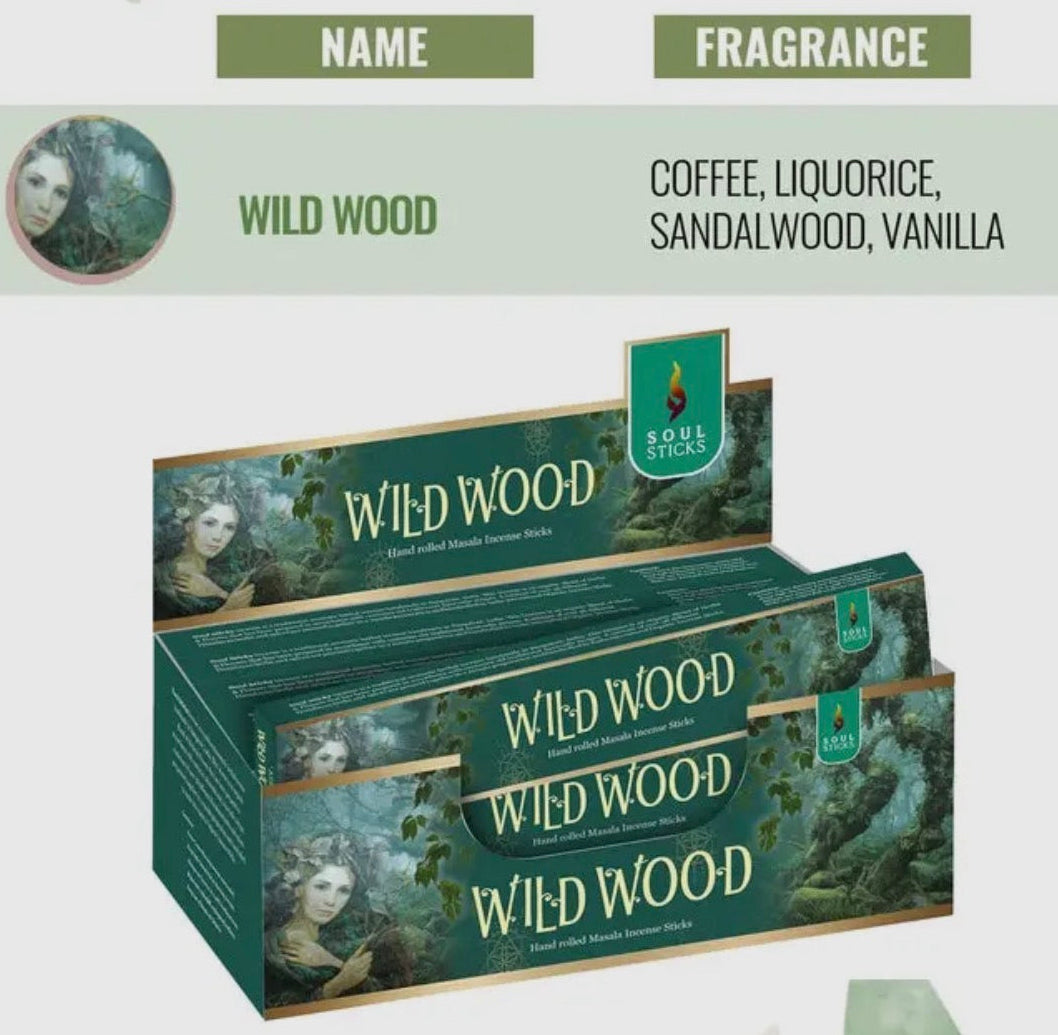 Packaging of Wild Wood incense sticks with product details on a light green background