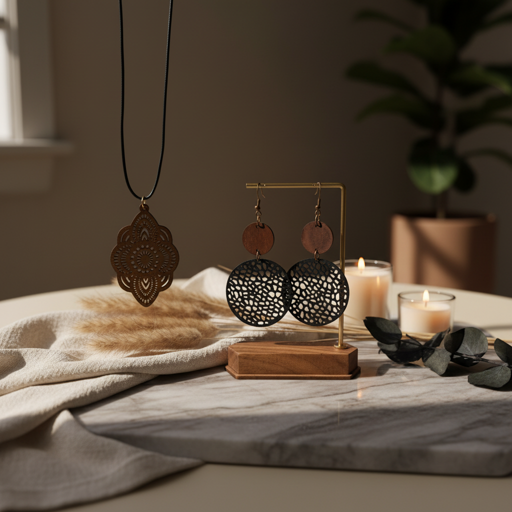 Boho Goddess Wooden Earring and Necklace Set - Lightweight Laser Cut Jewelry