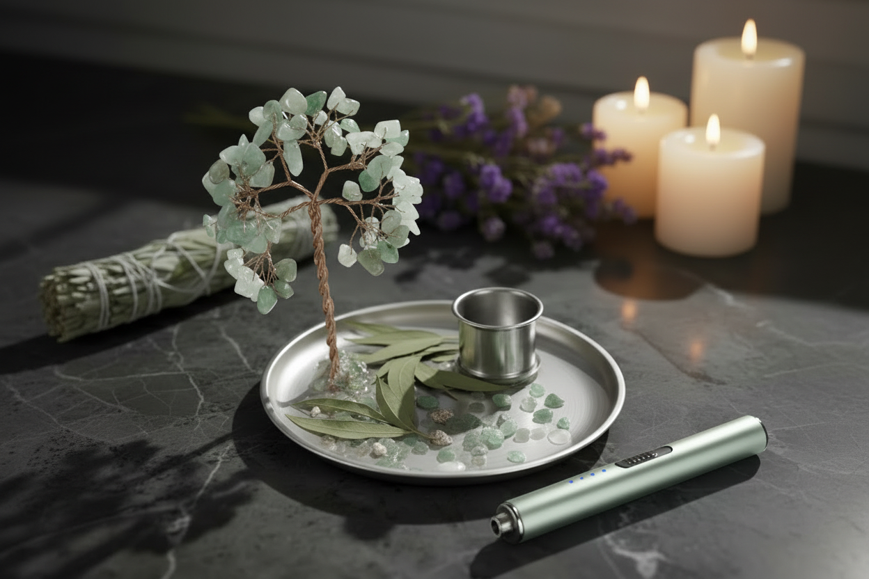 Tree & Tide Ritual Set: Gemstone Holder, Rechargeable Lighter, Incense.