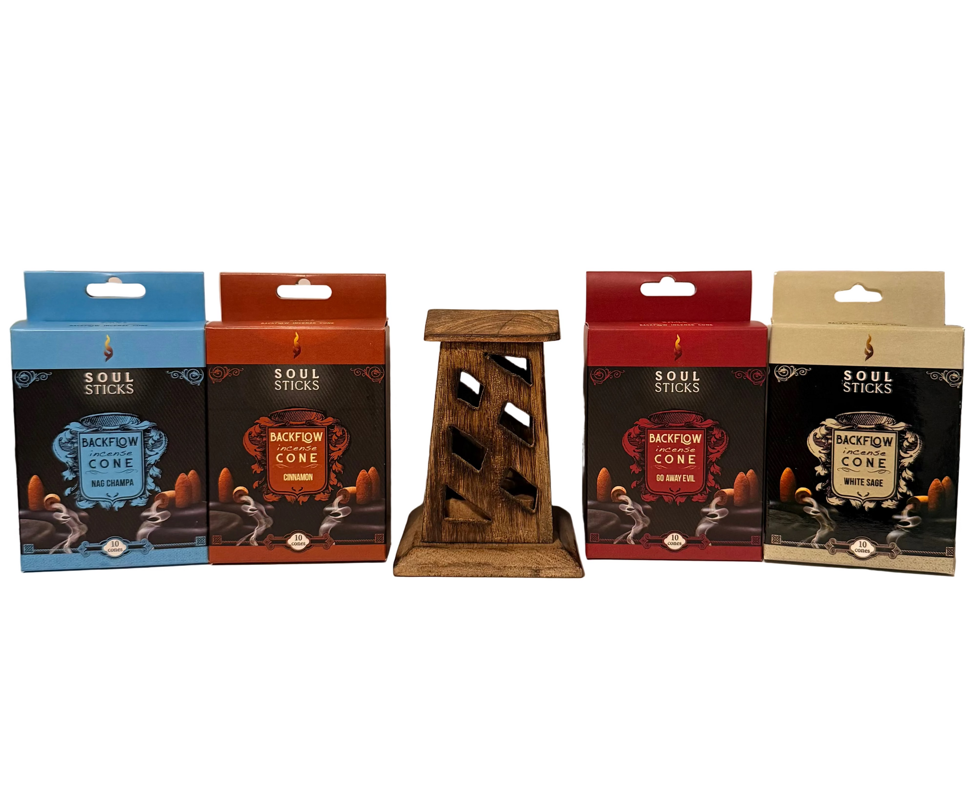 Collection of 'Soul Sticks' incense cones with a wooden stand on a white background