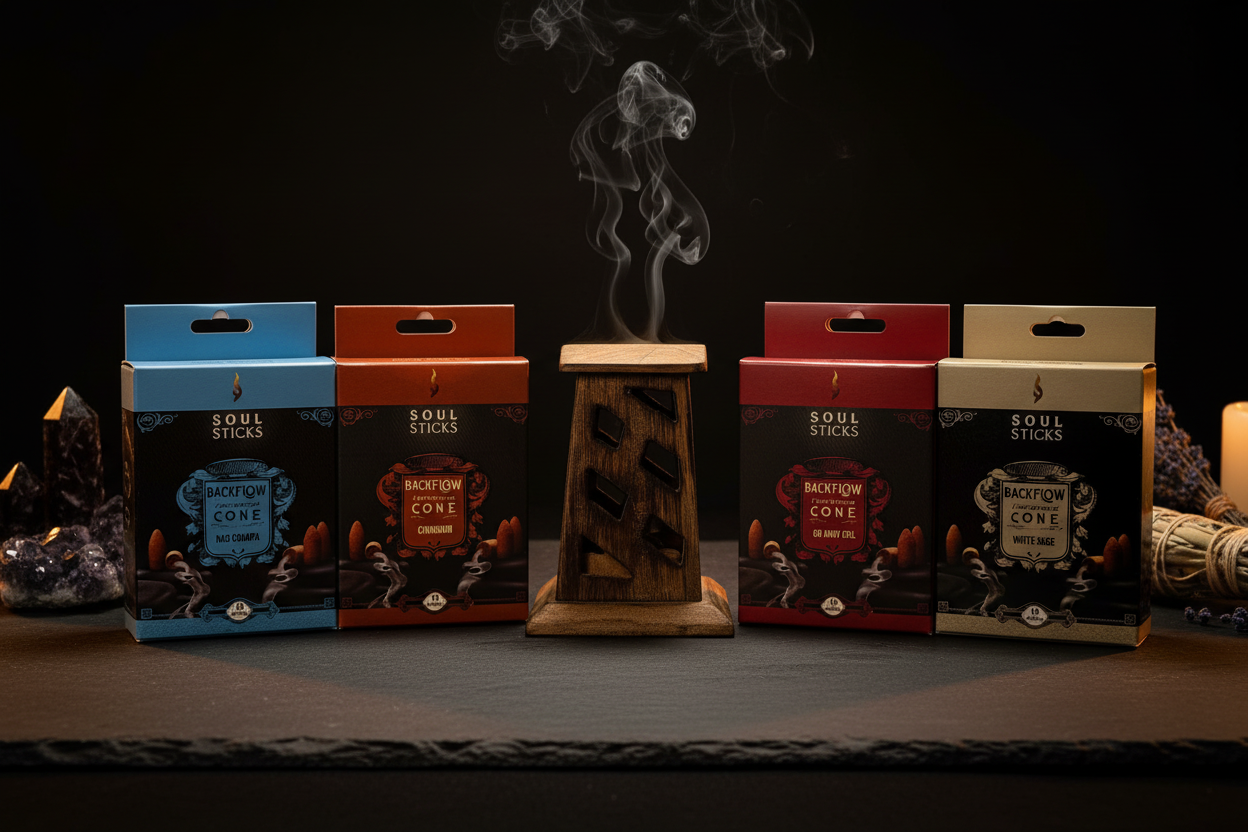 Soul Sticks incense packaging with smoking incense stick holder on a dark background
