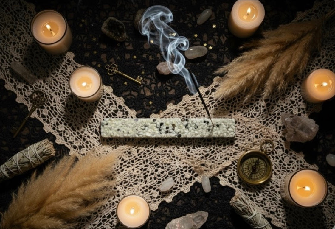 Angel & Evil: Light Rose & Dark Amber Incense & Moonstone Burner