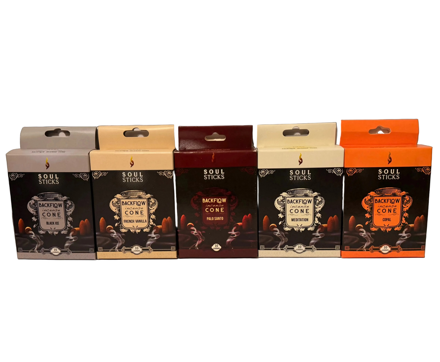 Row of 'Soul Sticks' incense cones in various colors on a white background