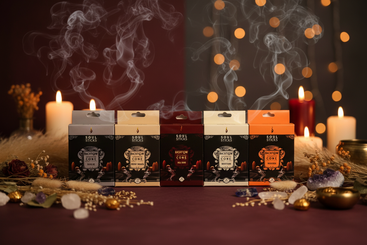 Five packs of Soul Sticks backflow incense cones with candlelight moody background with smoke  