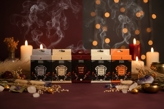 Five packs of Soul Sticks backflow incense cones with candlelight moody background with smoke  