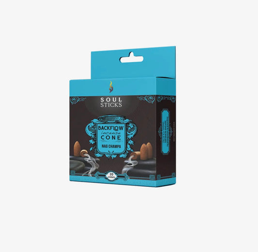 Box of Soul Sticks nag champa incense cones with blue and black design on a white background
