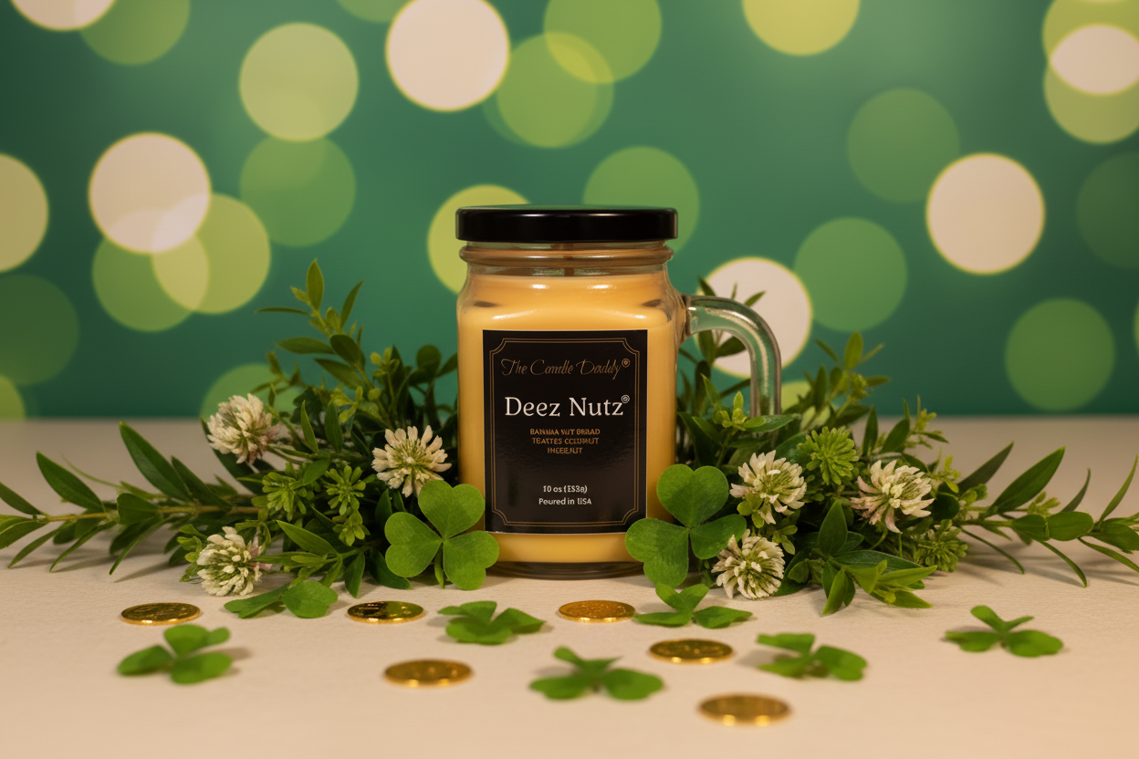 Jar of 'Deez Nutz' candle with decorative greenery and gold coins on a white surface with a bokeh green background.