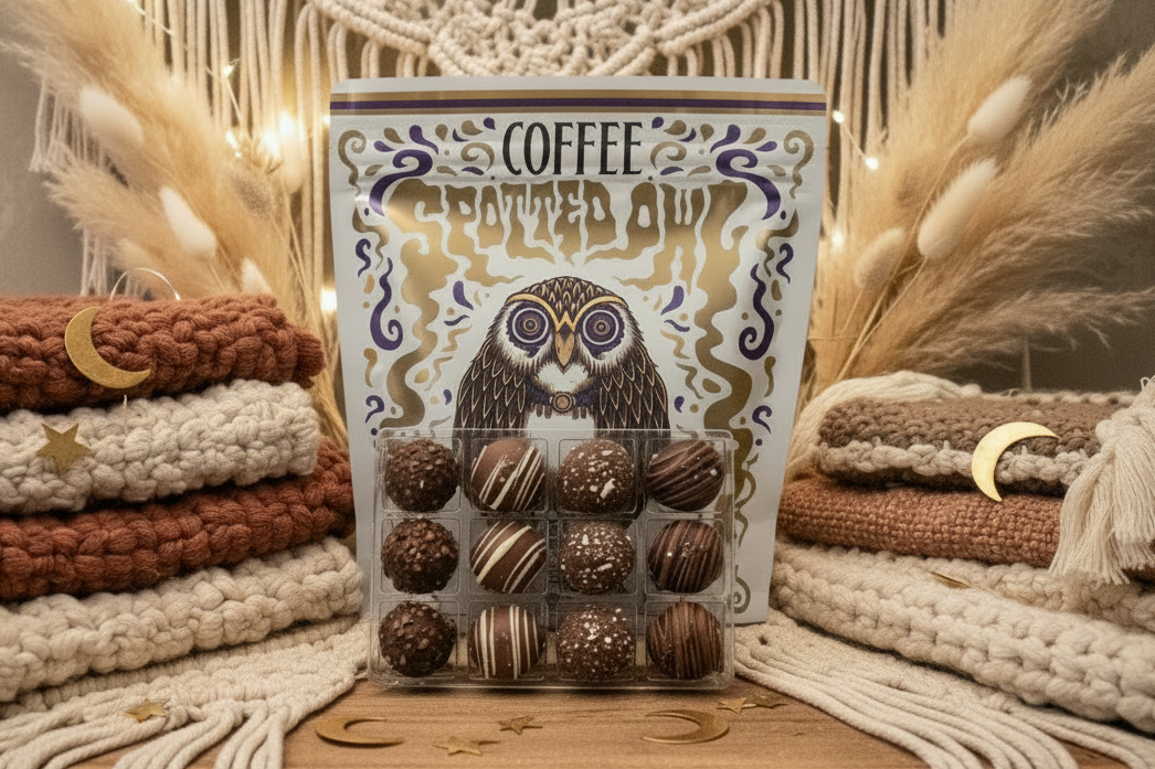 Box of coffee-flavored truffles with an owl design on a bag of coffee with a decorative background