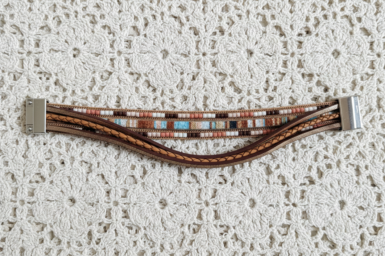 Decorative boho 6 layer bracelet on a textured white background