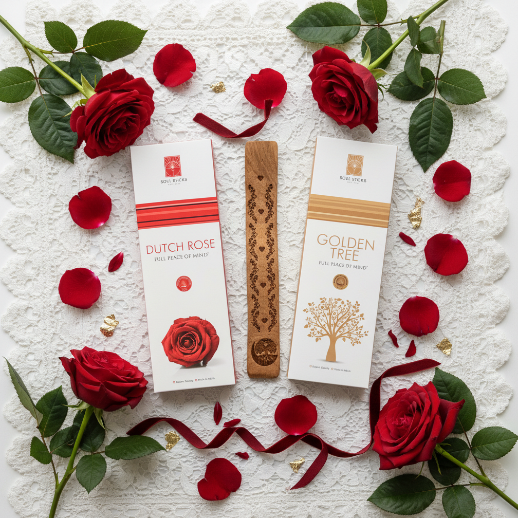Golden tree and Dutch Rose premium incense on a white lace background with red roses with an incense holder 