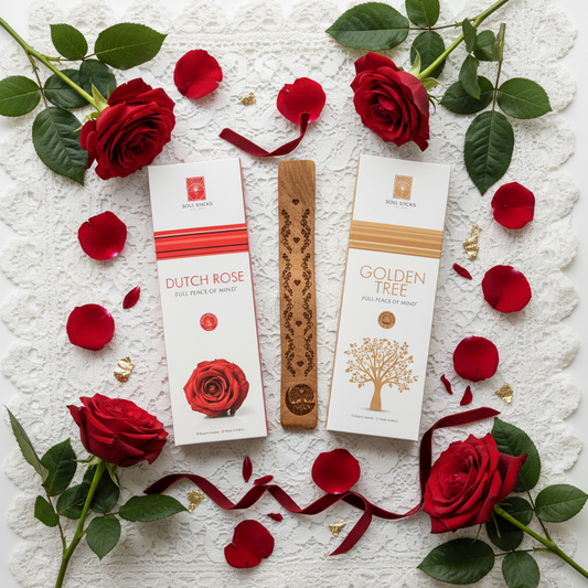 Golden tree and Dutch Rose premium incense on a white lace background with red roses with an incense holder 