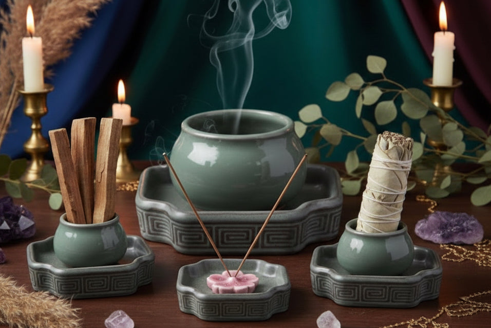 Incense burning setup with green ceramic containers, incense sticks, and candles on a dark background.