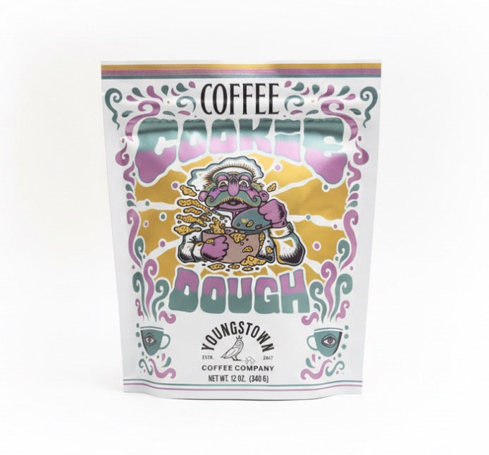 Coffee and dough packaging with colorful design and cartoon character on a white background