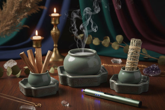 Incense sticks, a small pot with smoke, and a rechargeable lighter on a wooden surface with decorative elements.