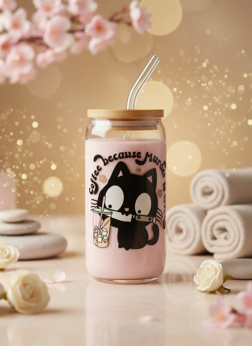 Can Glass with straw and cat design on a light background