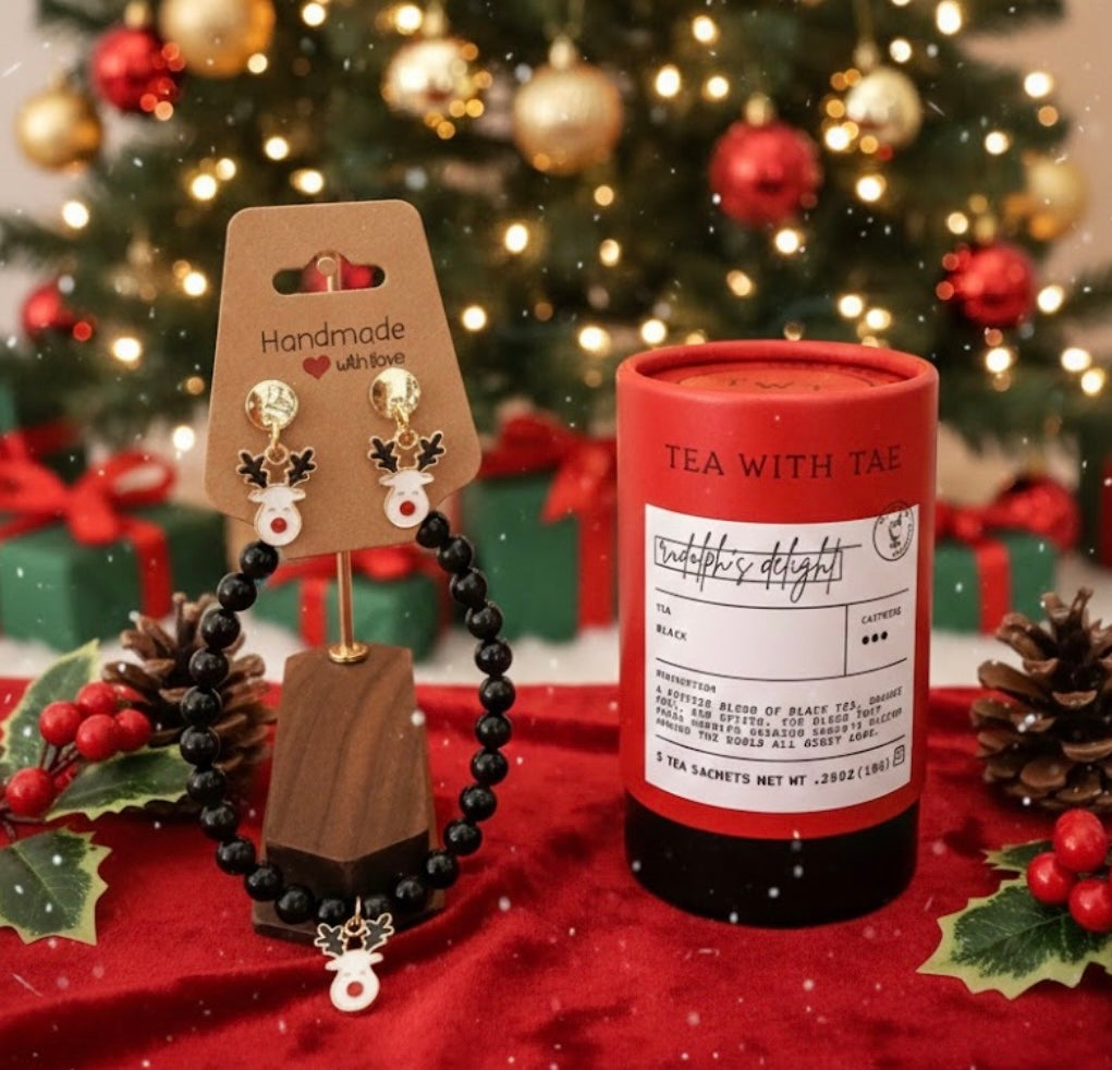 Tea with Tea product with earrings on a decorative background