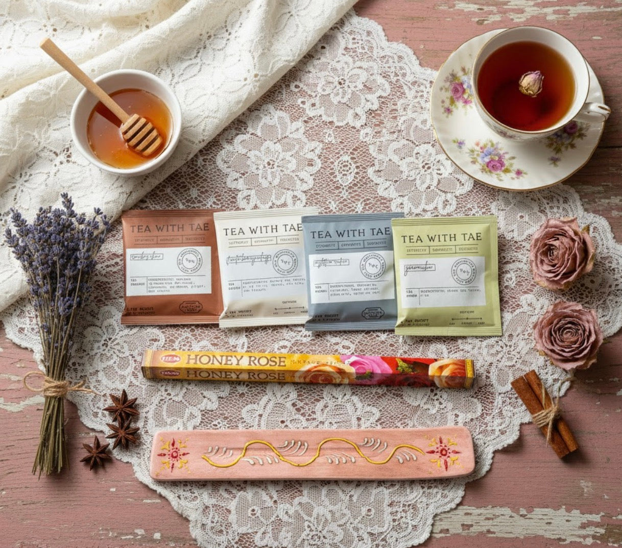 Honey Rose Tea Ritual Set: Premium Tea, Incense & Burner – Ethereal by Lez