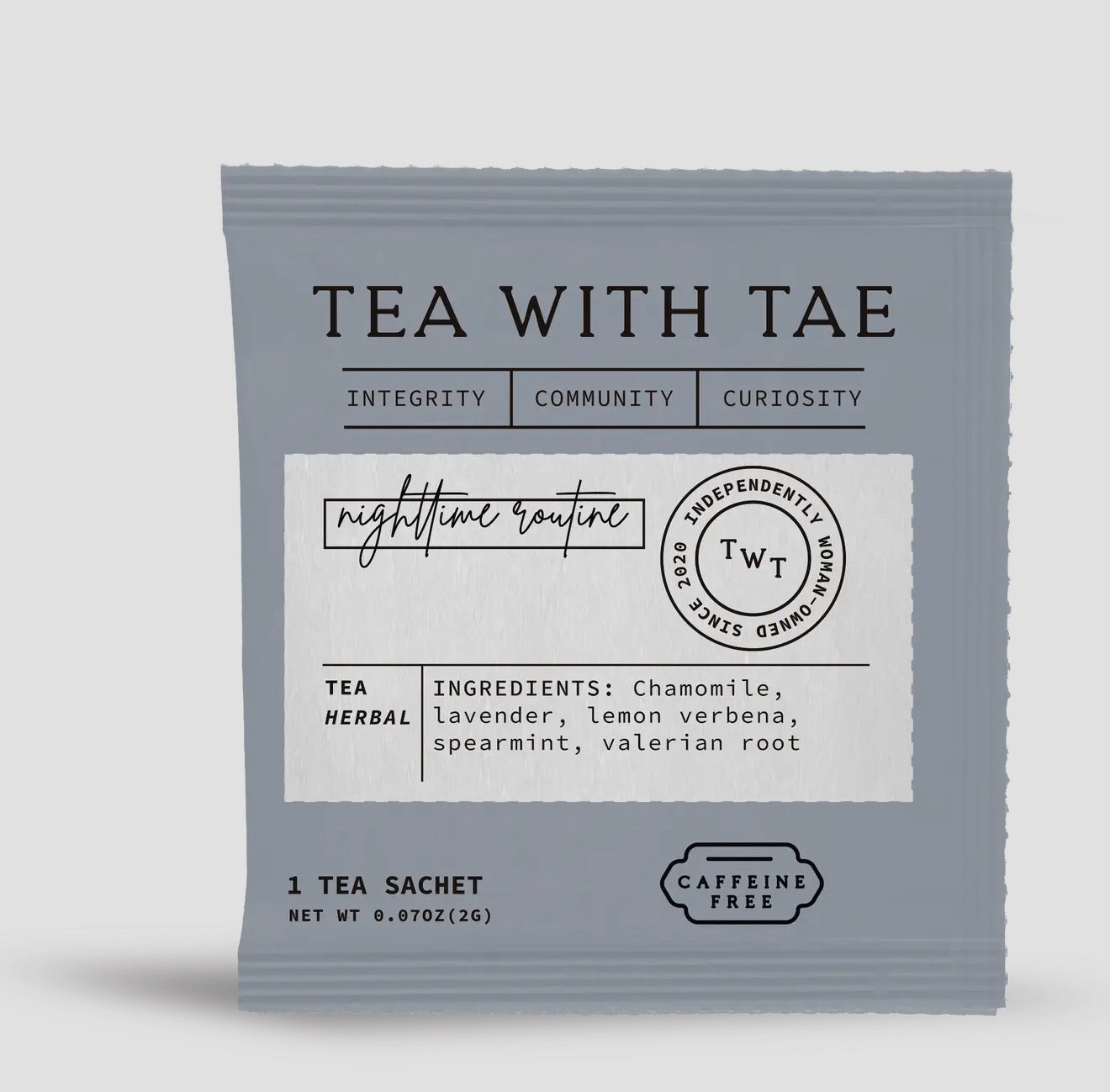 Tea package with 'Tea with Tae' branding on a light gray background