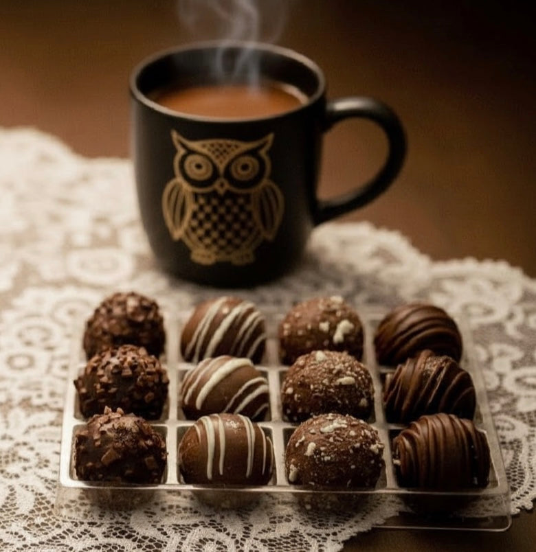 Black mug with owl design on a lace tablecloth next to chocolate coffee truffles