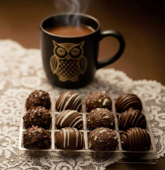 Black mug with owl design on a lace tablecloth next to chocolate coffee truffles