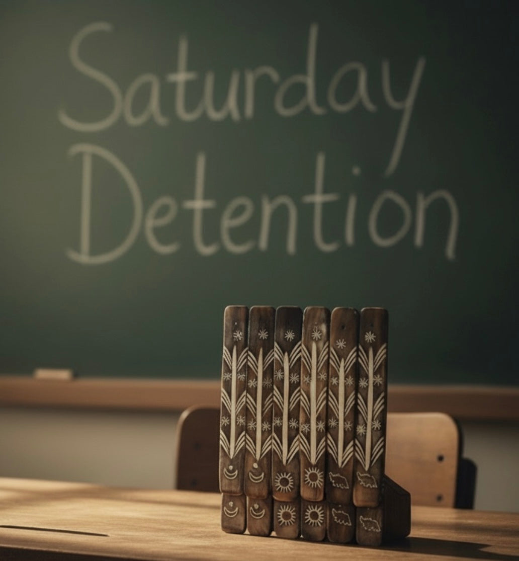 Wooden Incense Holders with designs on a desk in front of a chalkboard with 'Saturday Detention' written on it.