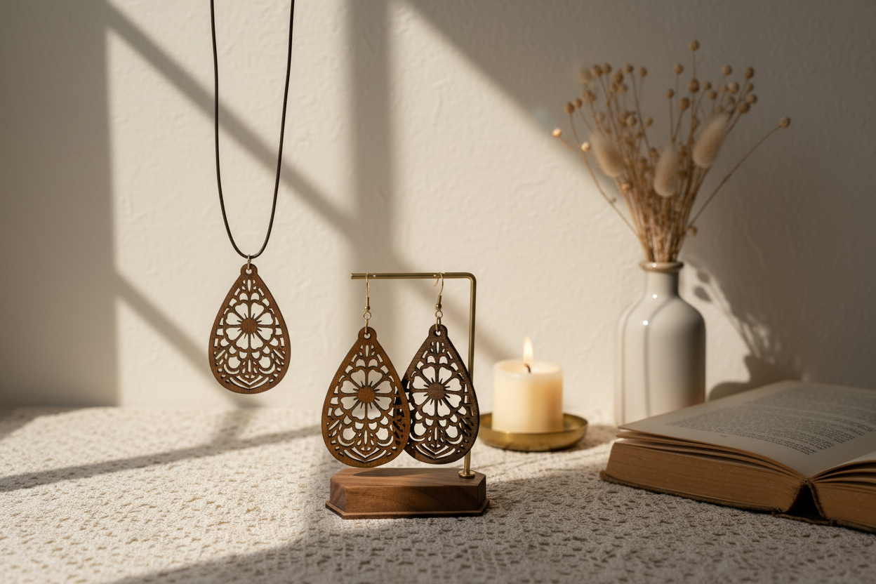 Boho Goddess Wooden Earring and Necklace Set - Lightweight Laser Cut Jewelry