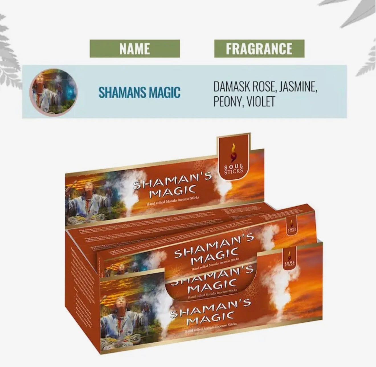 Shaman's Magic incense packaging with product name and fragrance details on a white background