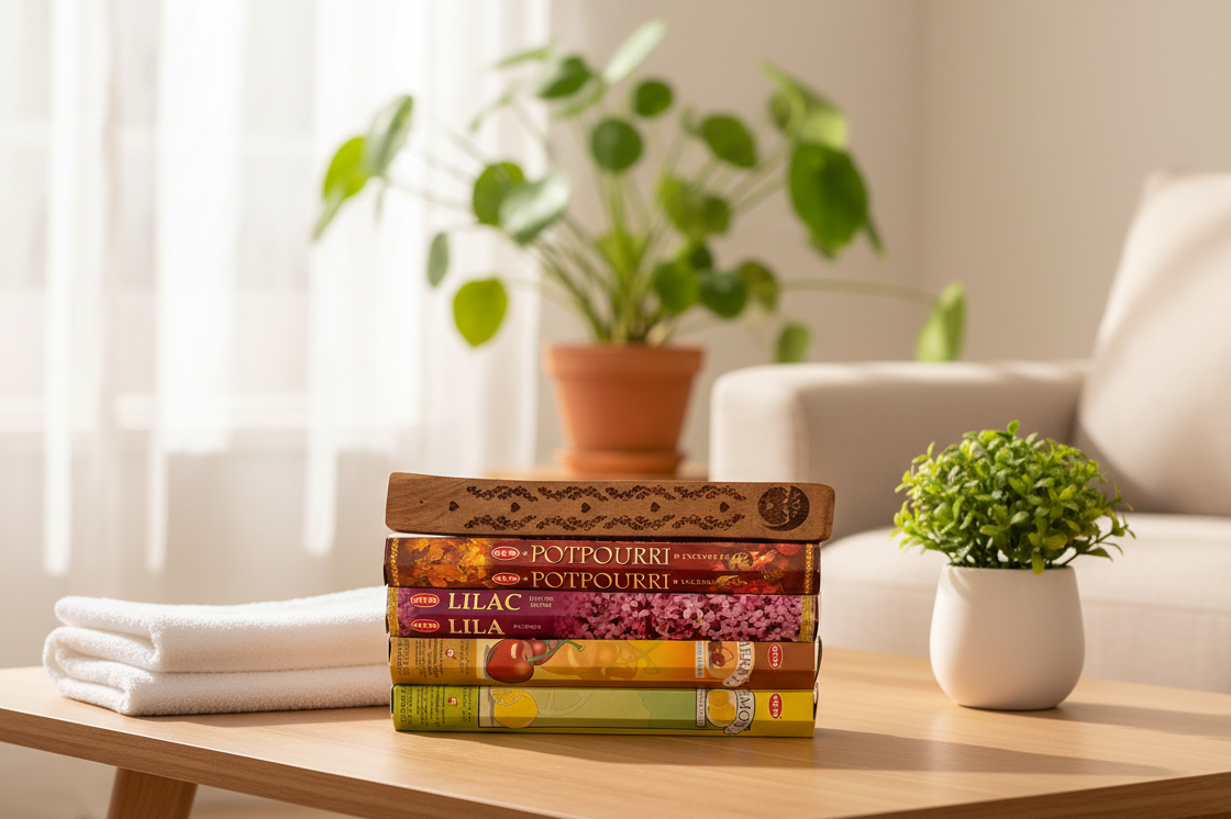 Stack of incense and books on a wooden coffee table with a plant and folded blanket in a living room setting.