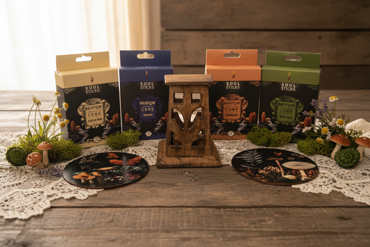 Collection of Soul Sticks incense cones and cottage core items on a wooden surface with a lace tablecloth.