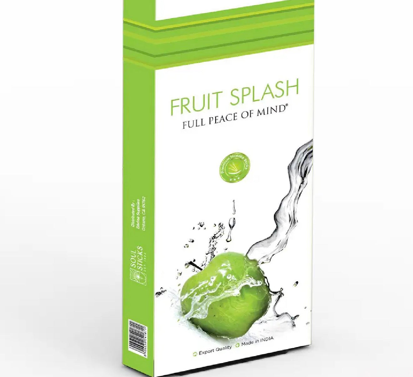 Fruit Splash incense packaging with a green apple and water splash on a white background