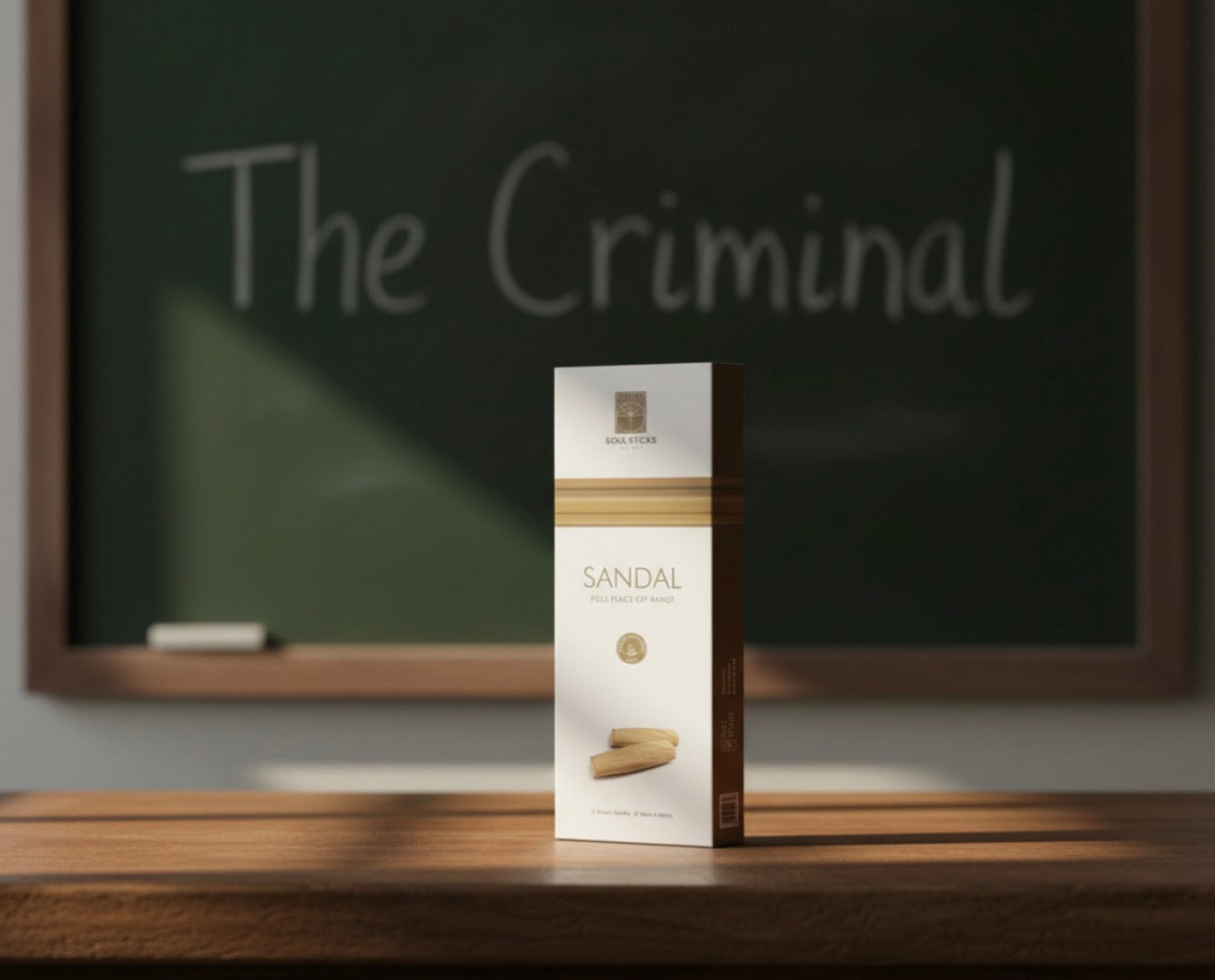 Sandal incense packaging on a wooden surface with a blackboard in the background