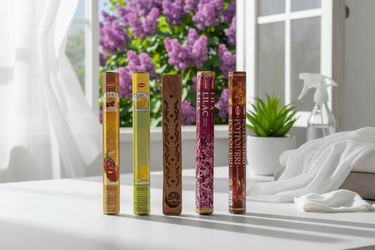 Incense scents cherry, lemon, lilac, and potpourri for spring cleaning on a white table with an open window in the background 