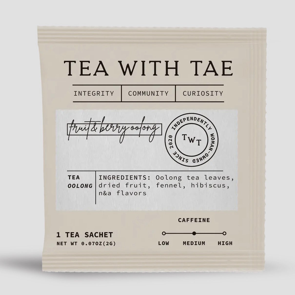 Tea package with 'Tea with Tae' branding and text on a white background