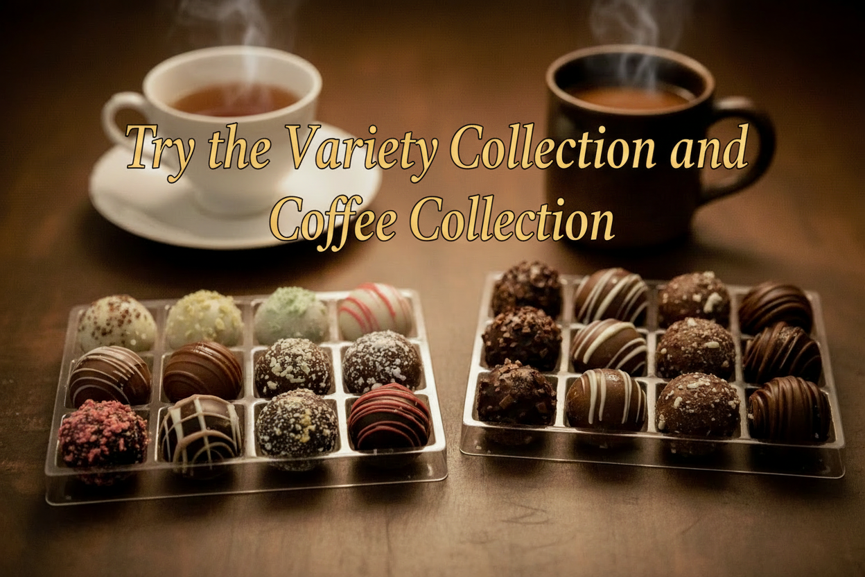 Two trays of chocolate truffles with two cups of coffee on a wooden surface.